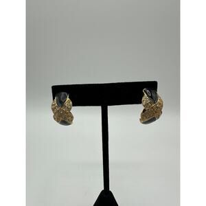 Vintage Signed Roman Black Enamel Gold Tone Earrings